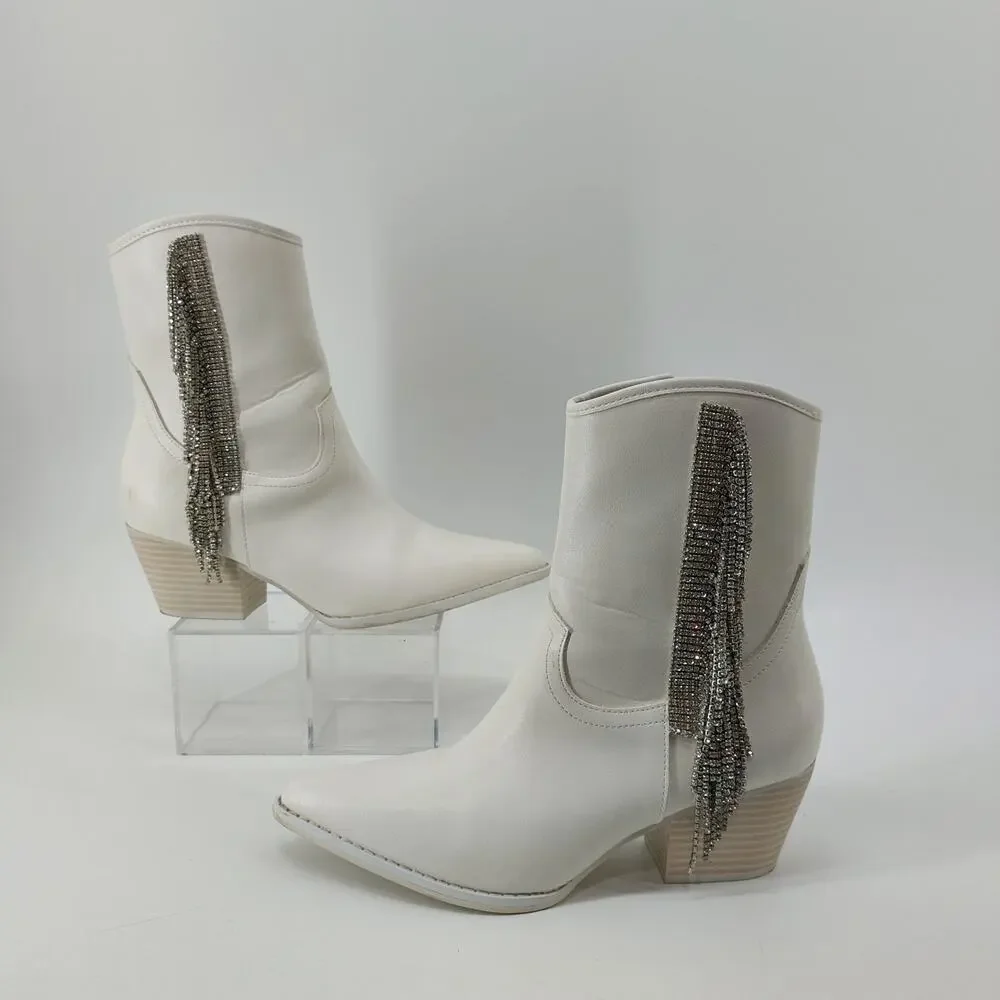 Altar'd State White Western Boot Rhinestone Fringe Ankle 8 - Picture 5 of 11